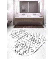 Dijital Baskılı Kaymaz Taban Yıkanabilir Oval 2'li Klozet Takımı Banyo Paspası NOKZ-SD-555 (Beyaz)
