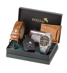 Polo Air Erkek Kol Saati Cüzdan Kemer Kartlık Parfüm Kombin PL-0852E (Taba)