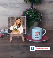 Zabıt Katibi Fotoğraflı Dekoratif Taş, Ahşap Altlıklı Türk Kahvesi Fincanı Hediye (Model 6)