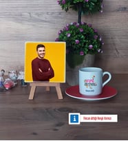 Drama Öğretmeni Fotoğraflı Dekoratif Taş, Ahşap Altlıklı Türk Kahvesi Fincanı Hediye (Model 3)
