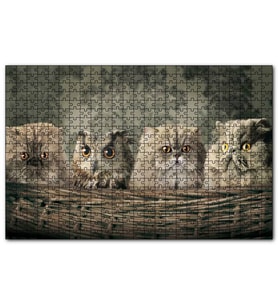 Cakapuzzle Sepetin İçinde Üç Kedi ve Bir Baykuş  Puzzle Yapboz MDF (Ahşap) (1000 Parça)