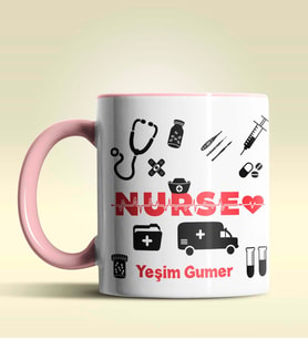 Kişiye Özel Nurse (Hemşire) 2 Tasarımlı Turuncu Kupa Bardak (Pembe)