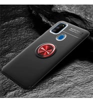 Samsung Galaxy M21 Kılıf Mıknatıslı Yüzüklü Standlı Yumuşak Silikon Kapak Ravel (Siyah-Kırmızı)