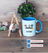 Bankacı Kupa Bardak Beyaz ve Fotoğraflı Ahşap Anahtarlık Hediye (Model 4)