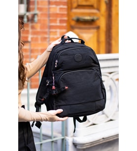 Unisex Suya Dayanıklı Kumaş Siyah Desenli Laptop Bölmeli 3 Gözlü Okul Seyahat Sırt Çantası (Siyah)