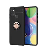 Samsung Galaxy A21S Kılıf Mıknatıslı Yüzüklü Standlı Yumuşak Silikon Kapak Ravel (Siyah-Rose Gold)