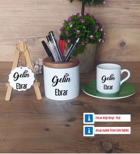 Gelin Hediye Sepeti Kalemlik, Türk Kahvesi Fincanı Kırmızı, Ahşap Anahtarlık Hediye (Model 7)
