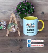 Emlakçı Kupa Bardak Beyaz ve Fotoğraflı Ahşap Anahtarlık Hediye (Model 7)