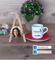 Sekretere Hediye Türk Kahvesi Fincanı Ahşap Altlıklı ve Fotoğraflı Ahşap Anahtarlık Hediye (Model 3)