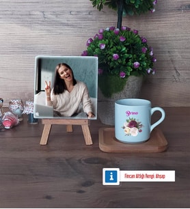 İsme Özel Doğum Günü Hediyesi Fotoğraflı Dekoratif Taş, Ahşap Altlıklı Türk Kahvesi Fincanı Hediye (Model 1)