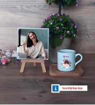 İsme Özel Doğum Günü Hediyesi Fotoğraflı Dekoratif Taş, Ahşap Altlıklı Türk Kahvesi Fincanı Hediye (Model 1)
