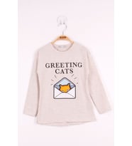 Toontoy Kız Çocuk Kedi Baskılı T-Shirt (Kahve Melanj)