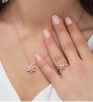 Rose Altın Kaplama Zirkon Taşlı Nilüfer Çiçeği Kadın Kolye Yüzük Set (Beyaz)