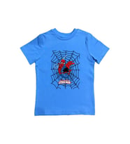 Spiderman baskılı örümcek adam pamuklu penye kumaş yazlık çocuk tişört (Mavi)