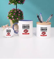 Dünyanın En Güzel Öğretmeni Kupa Bardak Kırmızı Kalemlik ve Anahtarlık (Model 2)
