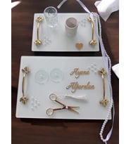 Adore Gold Beyaz İncili Söz Tepsisi Nişan Tepsisi ve Damat Kahve Fincan Tepsisi (Pembe)
