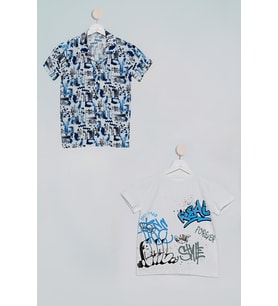 2'li Asimetrik Baskılı Gömlek Tshirt Saks Takım (Saks)