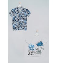 2'li Asimetrik Baskılı Gömlek Tshirt Saks Takım (Saks)