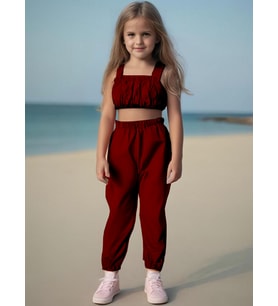 Kız Bebek Düz Renk Crop Pantolon Set (Bordo)