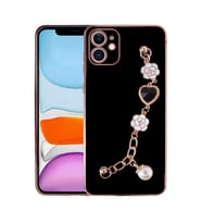 Apple iPhone 12 Kılıf El Askılı Tutamaçlı Kamera Korumalı Renkli Gold Kenar Silikon Kapak (Siyah)