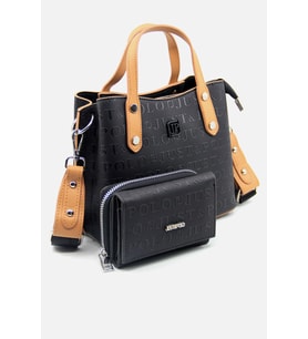 Just Polo Kolon Askı Gofraj Baskı 4 Bölmeli Kadın El ve Omuz Çantası ve Cüzdan Kombini Mds4095 (Siyah - Taba) (Siyah-Taba)
