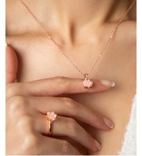 Rose Altın Kaplama Zirkon Taşlı Lotus Çiçeği Kadın Kolye Yüzük Set (Beyaz)