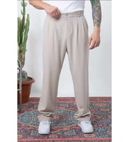 Çift Pileli Arka Beli Lastikli Geniş Paça Baggy Yazlık Kumaş Pantolon (Krem)