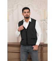 Woolen World Regular Fit Ön Cepli Desenli Kolsuz Erkek Triko Yelek (Siyah)
