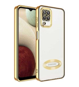 Galaxy A12 Kılıf Kamera Korumalı Logo Gösteren Zore Omega Kılıf (Gold)