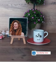 Sevimli Panda Fotoğraflı Dekoratif Taş, Ahşap Altlıklı Türk Kahvesi Fincanı Hediye (Model 8)