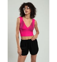 Sifu Tekstil Kadın Özel Sprey Boyamalı V Yakalı Spor Triko Atlet Büstiyer Crop Top Bluz SFYZ1013 (Pembe-Fuşya)