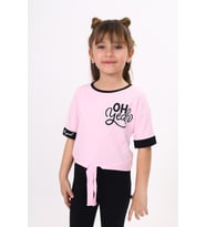 Toontoy Kız Çocuk Önü Bağlama Detaylı Baskılı Tişört (Açık Pembe)