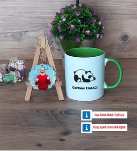 Uykucu Panda Kupa Bardak Beyaz ve Fotoğraflı Ahşap Anahtarlık Hediye (Model 14)