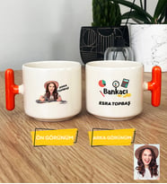 Kişiye Özel Karikatürlü Kadın Bankacı T Kupa Bardak Kadın Bankacıya Hediye (Turuncu)