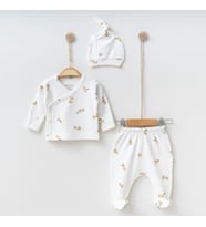 BabyŞen %100 Organik Pamuk Zeytin Desenli 0-3 Ay 3'lü Bebek Takım & Seti (Beyaz)