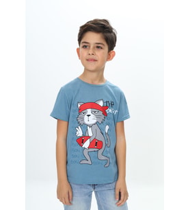 Toontoy Erkek Çocuk Kaykay Kedi Baskılı Tişört (Mavi)