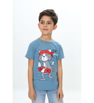 Toontoy Erkek Çocuk Kaykay Kedi Baskılı Tişört (Mavi)