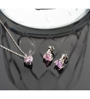 925 Ayar Gümüş Aylara Göre Doğum Taşı Kolye - Küpe Seti (Pembe)