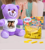 Kişiye Özel Peluş Mor Ayıcık Ve Renkli Micro Blocks Lego (Sarı)