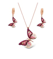 925 Ayar Gümüş Masumiyet Kelebek Kolye Küpe Set (Pembe)