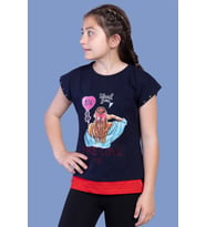 Toontoy Kız Çocuk Garni Detaylı Taş İşlemeli Baskılı Tişört (Siyah)