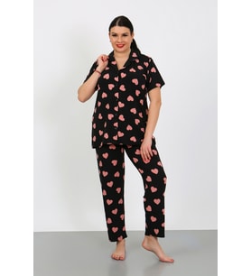 Büyük Beden  Kısa Kollu Milan Gömlek Pijama Takımı- Genç Anne Serisi (Siyah)