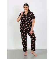 Büyük Beden  Kısa Kollu Milan Gömlek Pijama Takımı- Genç Anne Serisi (Siyah)