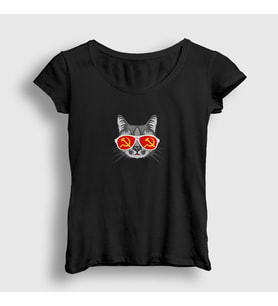 Presmono Kadın Kırmızı Funny Soviet Cat Kedi T-Shirt 402261tt (Siyah)