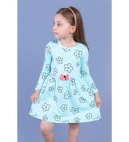 Toontoy Kız Çocuk Çiçek Desenli Fiyonk Detaylı Elbise (Su Yeşili)