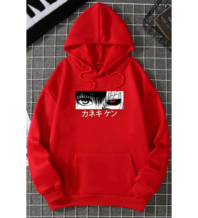 Unisex Ken Kaneki Baskılı Kapüşonlu Sweatshirt (Kırmızı)