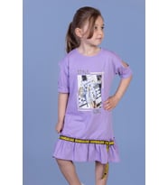 Toontoy Kız Çocuk Dijital Baskılı Büzgülü Şerit Detaylı Elbise (Lila)