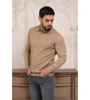 Woolen World Polo Yaka Slimfit Desenli Yünlü Erkek Triko Kazak (Camel)