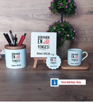 Yengeye Hediye Hediye Seti Dekoratif Taş, Kalemlik, Ahşap Altlıklı Türk Kahvesi Fincanı, Ahşap Anahtarlık Hediye (Model 1)