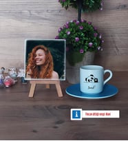 Sevimli Panda Fotoğraflı Dekoratif Taş, Ahşap Altlıklı Türk Kahvesi Fincanı Hediye (Model 5)